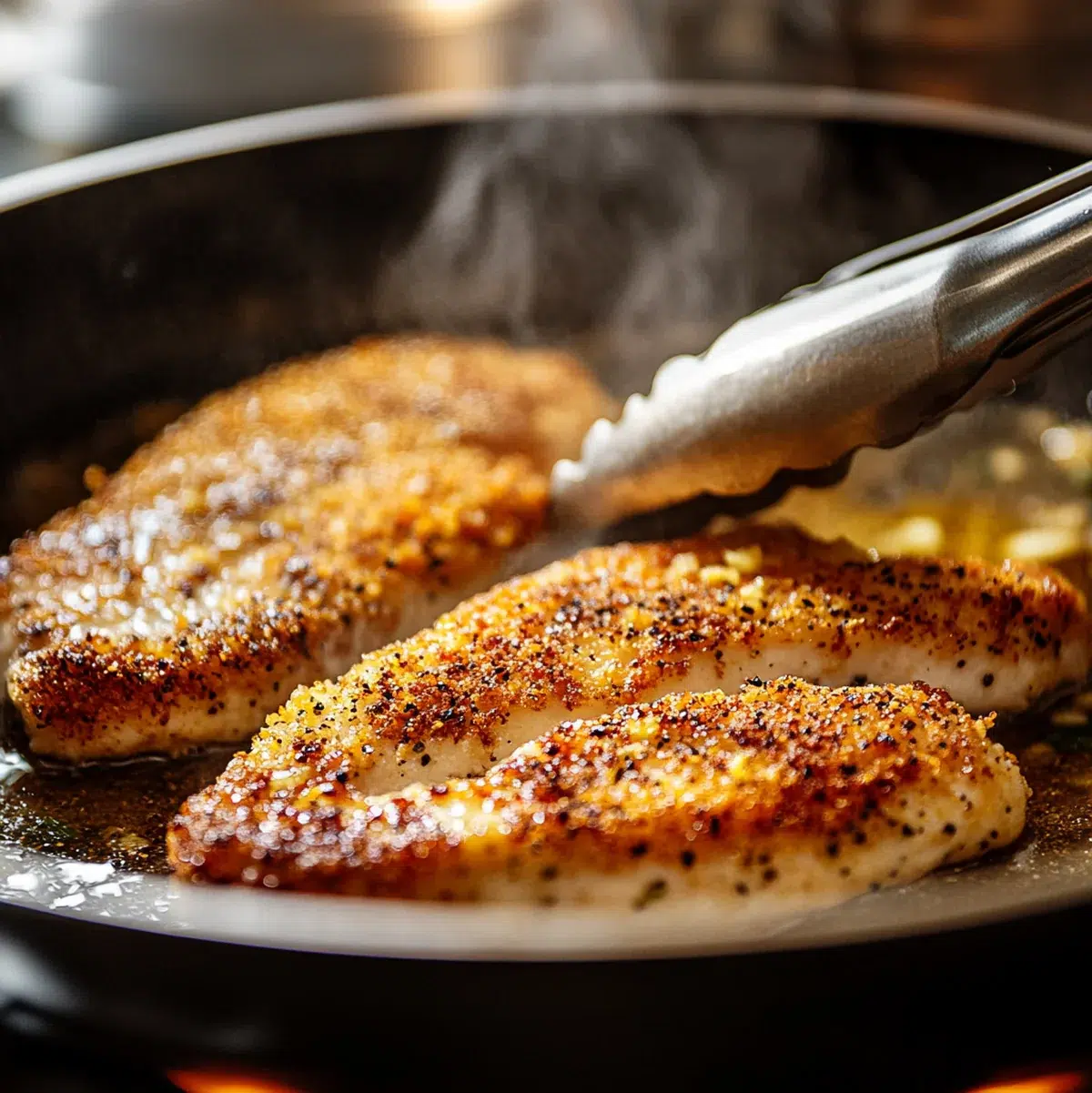 Golden lemon pepper chicken cutlets being seared in a stainless steel skillet with olive oil