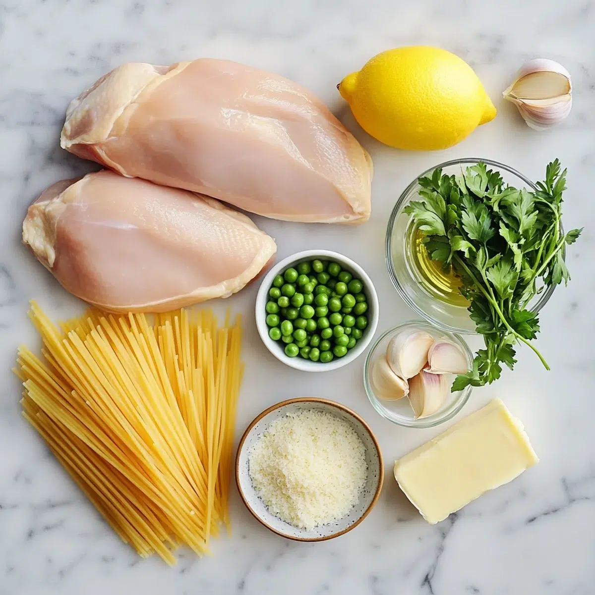 Flat lay of lemon chicken pasta ingredients including chicken breasts, spaghetti, lemon, Parmesan, cream, and peas