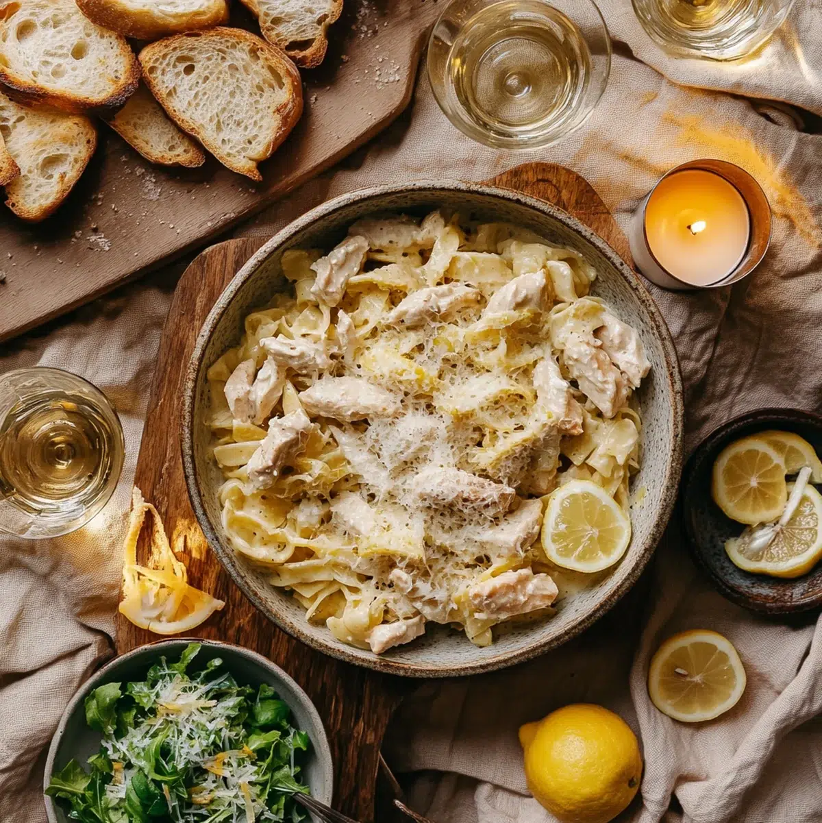 Overhead dinner spread of lemon chicken pasta with garlic bread, salad, and lemon slices