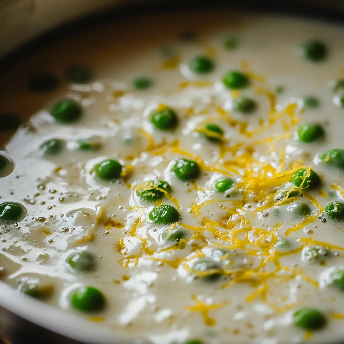 Close-up of creamy lemon Parmesan sauce with peas simmering in a skillet