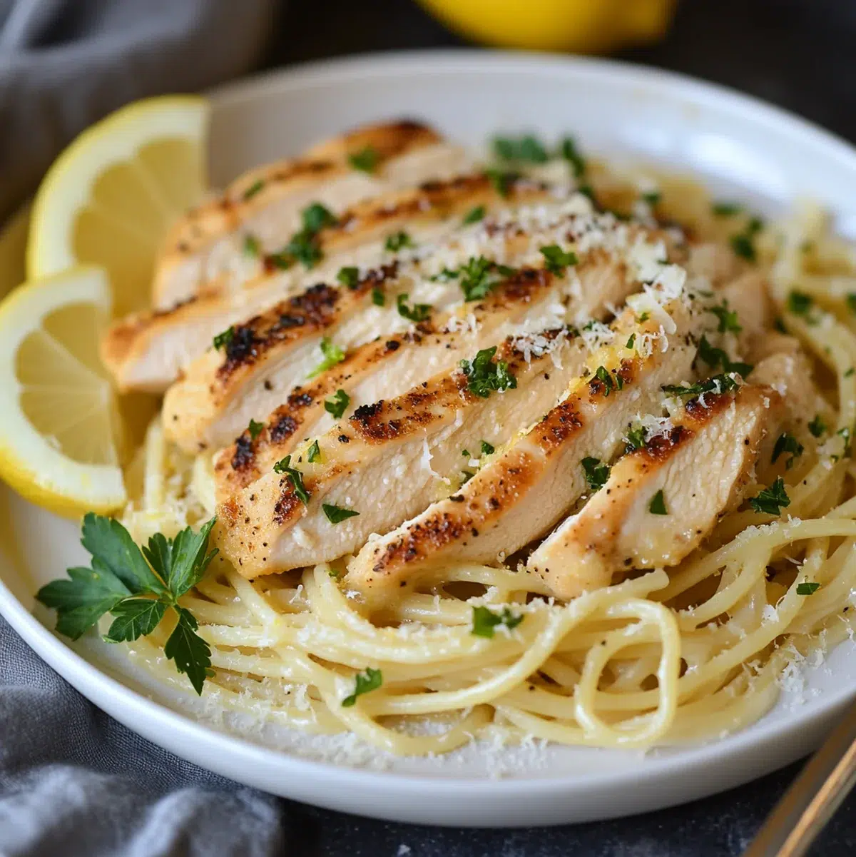 Beautifully plated lemon chicken pasta with sliced chicken, creamy sauce, and lemon wedge on a white plate