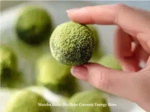 No-bake coconut energy bites made with matcha balls for a healthy snack.