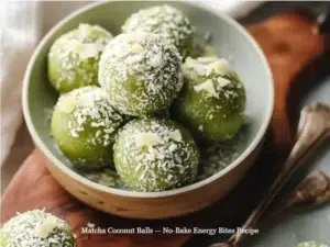 Delicious matcha coconut balls, a no-bake energy bites recipe.