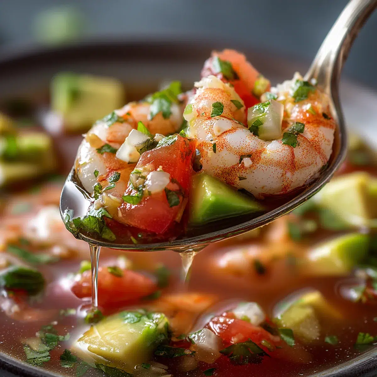 Refreshing Mexican Shrimp Cocktail: 5 Zesty Recipes to Try 6 Close-up of Mexican shrimp cocktail with a spoon lifting shrimp, avocado, and broth from a crystal goblet
