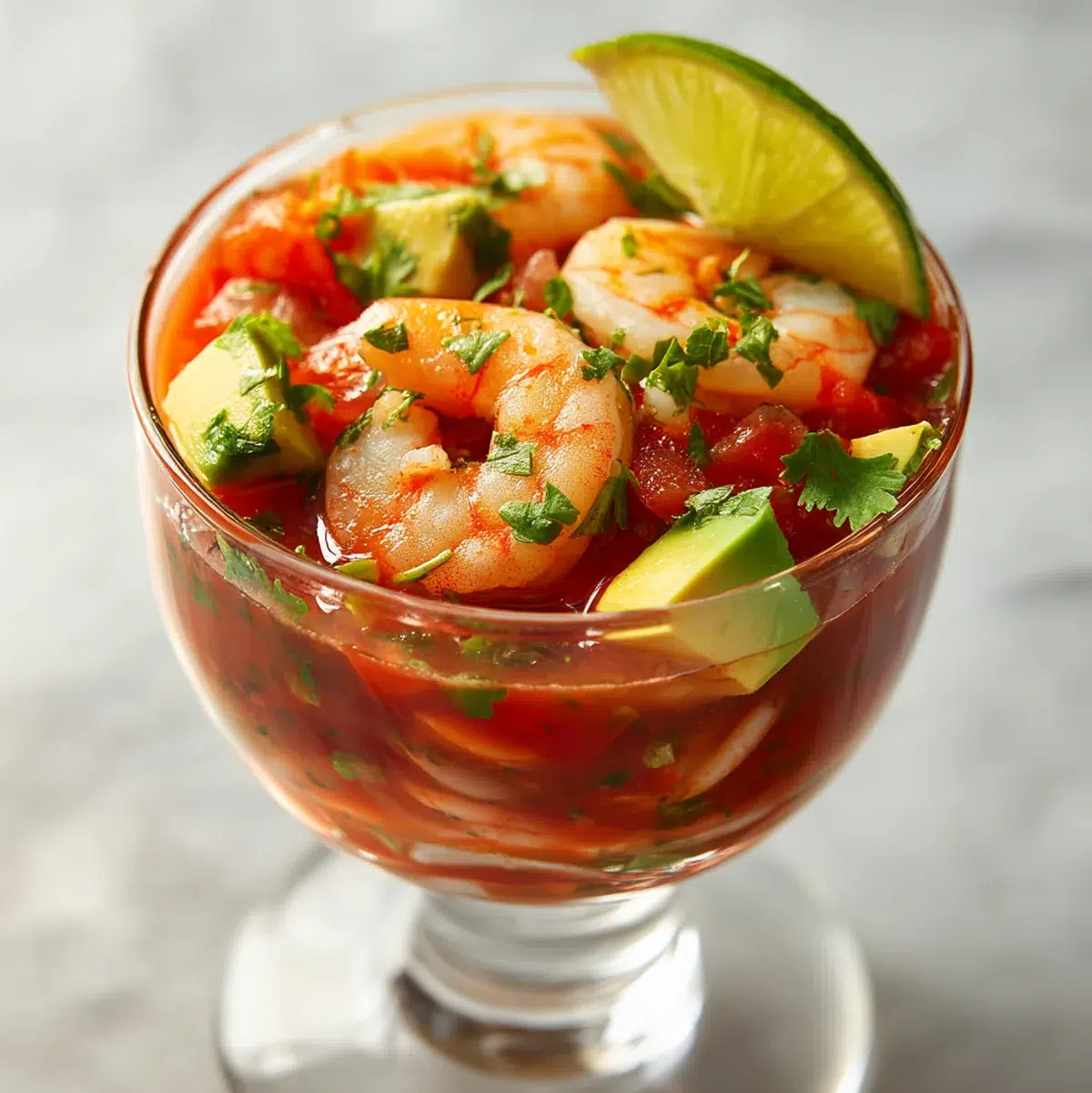 Refreshing Mexican Shrimp Cocktail: 5 Zesty Recipes to Try 2 Refreshing Mexican shrimp cocktail served in a glass goblet with lime, avocado, and cilantro garnish