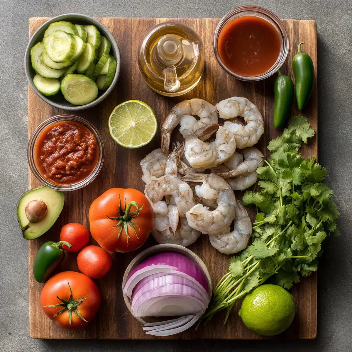 Refreshing Mexican Shrimp Cocktail: 5 Zesty Recipes to Try 3 Mexican shrimp cocktail ingredients flat lay showing fresh shrimp, limes, avocado, tomatoes, cucumber, cilantro, and Clamato juice