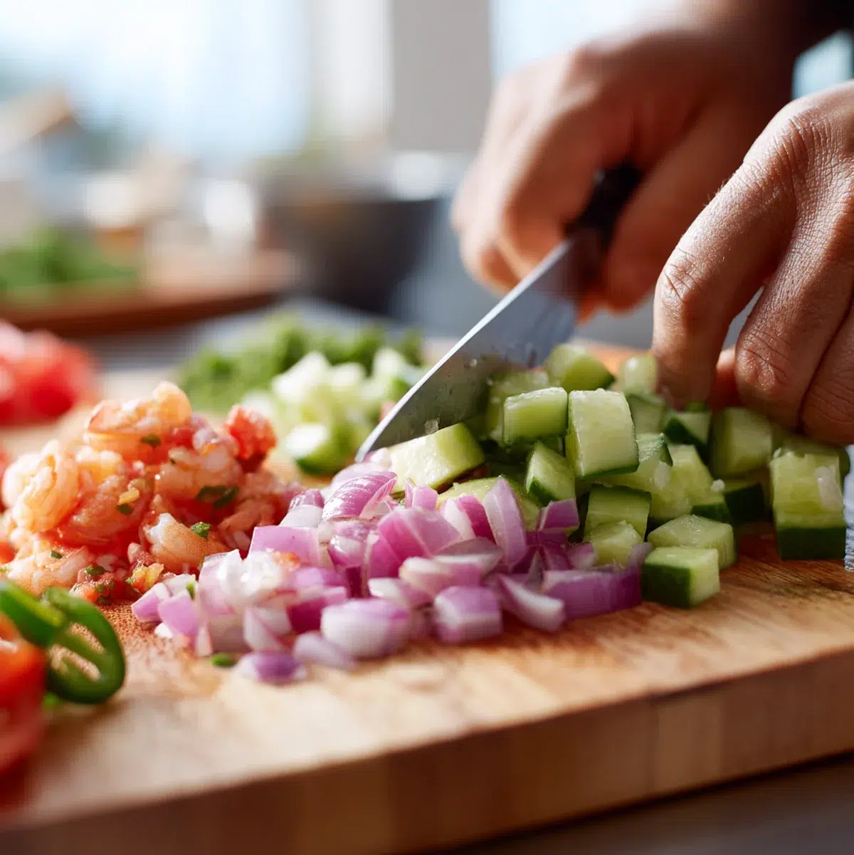 Refreshing Mexican Shrimp Cocktail: 5 Zesty Recipes to Try 4 Hands dicing fresh vegetables for Mexican shrimp cocktail — cucumber, tomatoes, red onion, and jalapeño on a wooden cutting board