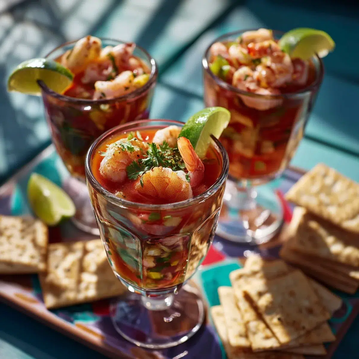 Refreshing Mexican Shrimp Cocktail: 5 Zesty Recipes to Try 5 Chilled Mexican shrimp cocktail in glass goblets with saltine crackers and lime wedges on the side
