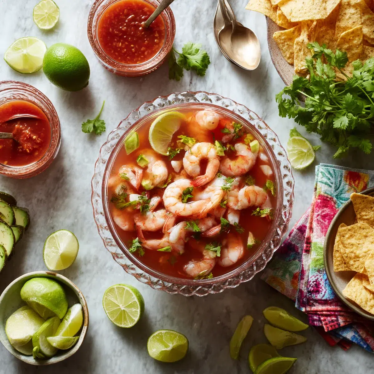 Refreshing Mexican Shrimp Cocktail: 5 Zesty Recipes to Try 7 Overhead shot of Mexican shrimp cocktail spread with multiple goblets, lime halves, cilantro, and tostadas on a festive table