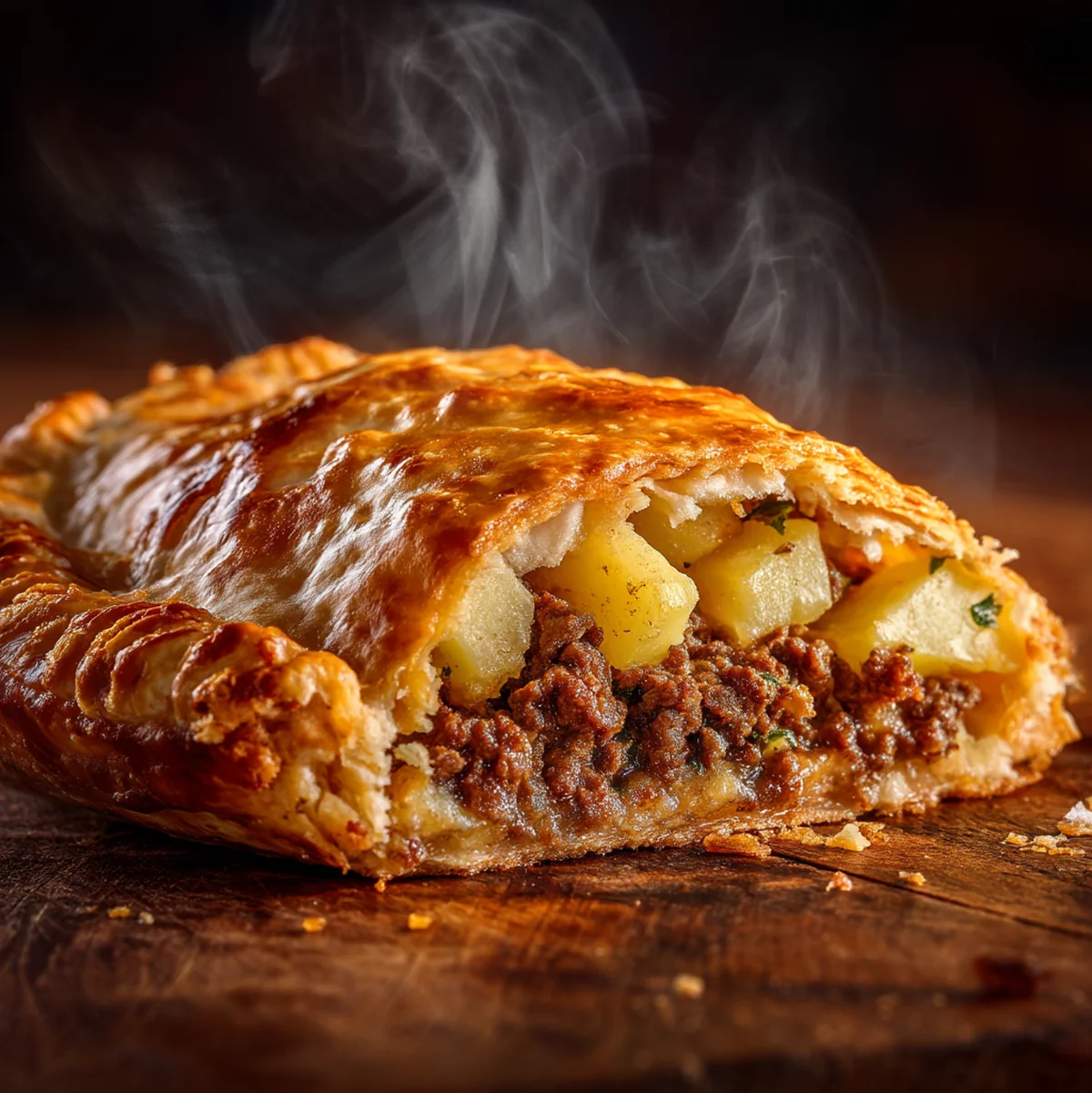 Close-up cross-section of Northern Irish pasty showing flaky pastry layers and savory beef filling