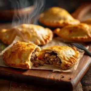 Golden brown Northern Irish pasties on wooden cutting board with steam rising from freshly baked pastry