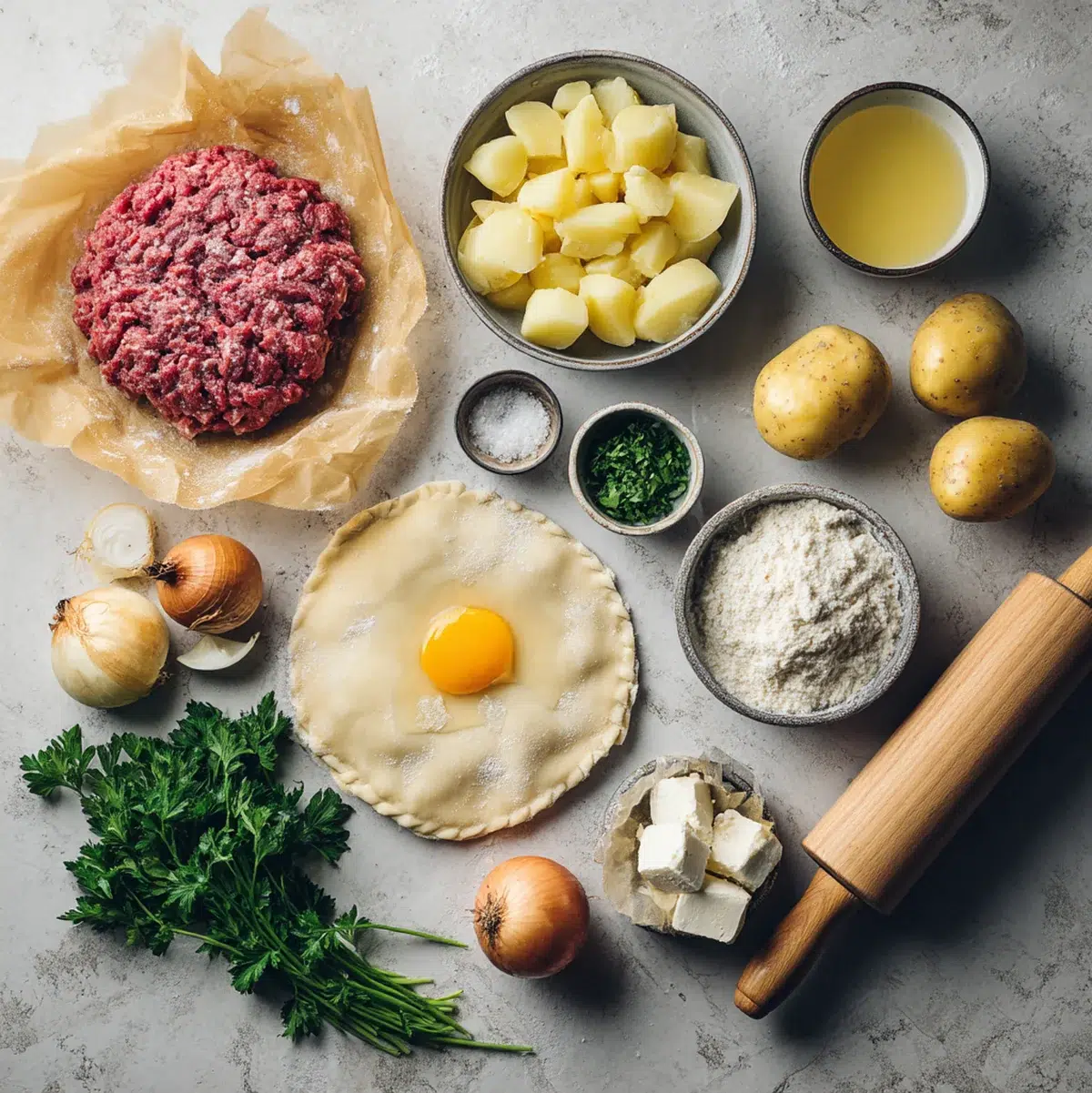 Flat lay of all Northern Irish pasty ingredients arranged on marble surface including ground beef, potatoes, flour, and butter