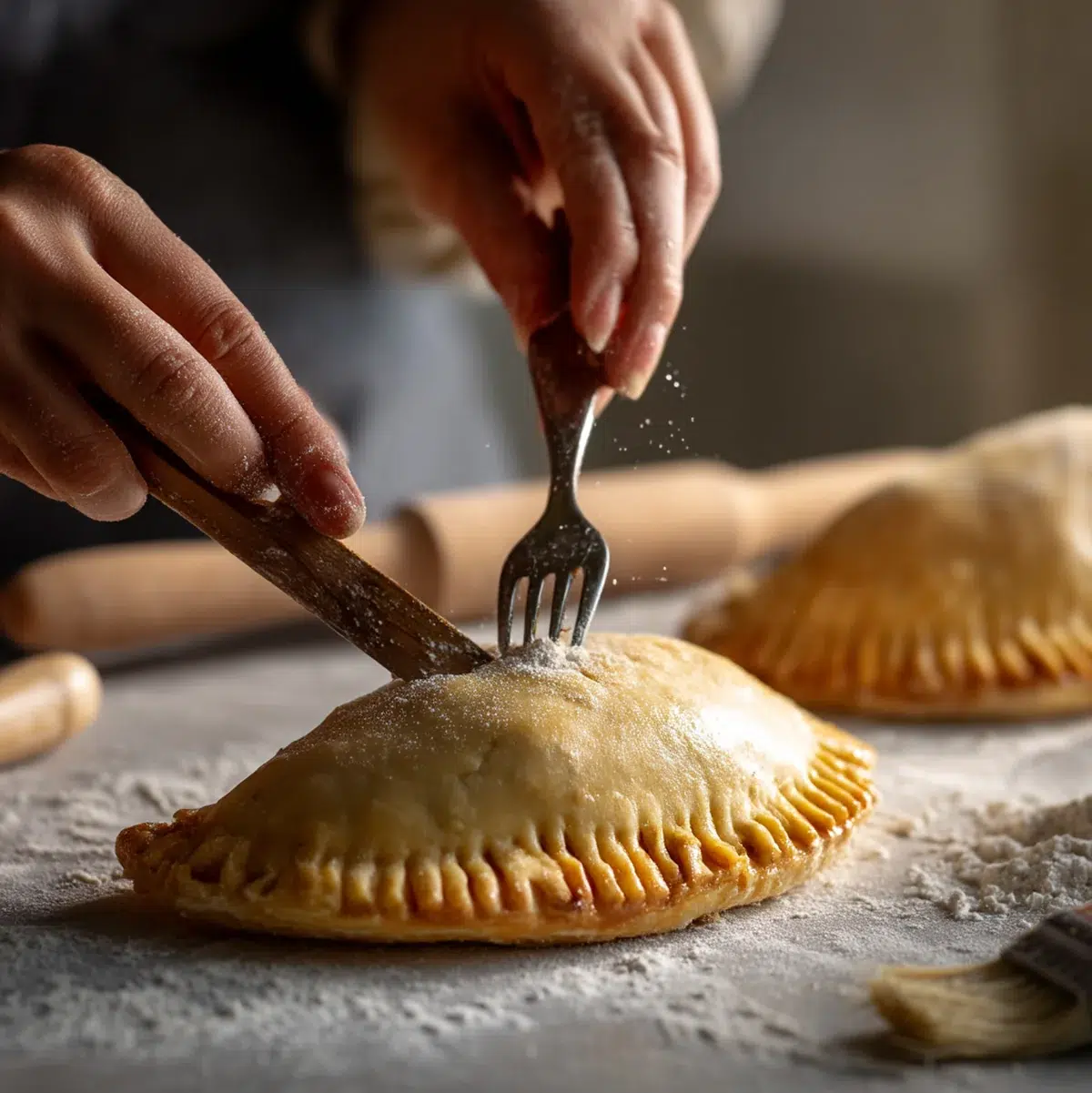 Hands crimping pastry edges of Northern Irish pasty with fork showing proper sealing technique