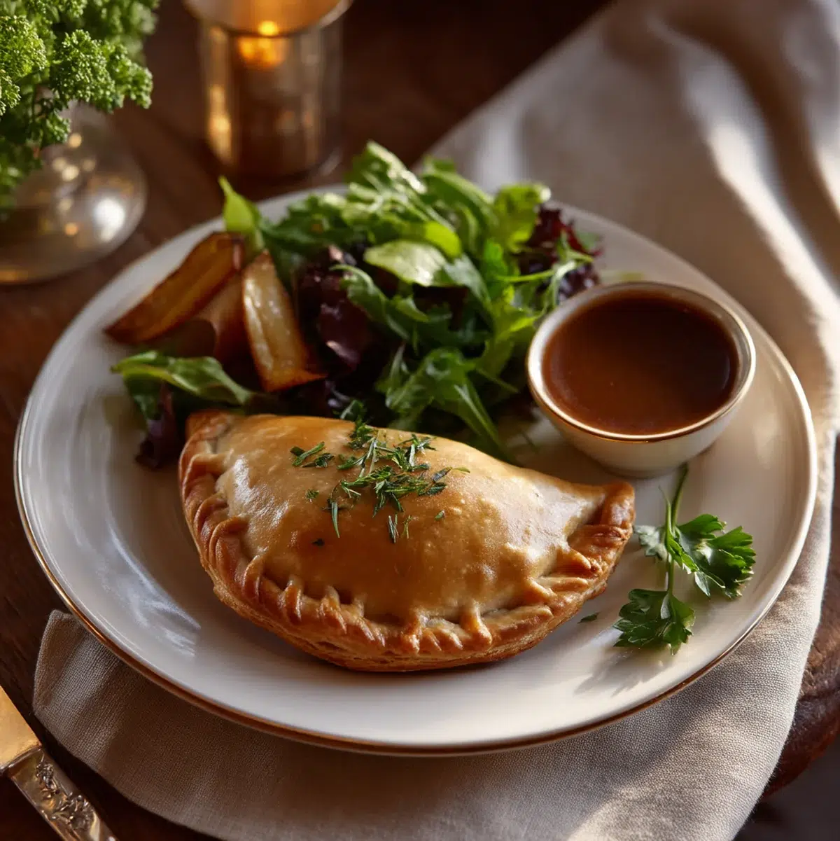 Northern Irish pasty served on elegant plate with side salad and roasted vegetables