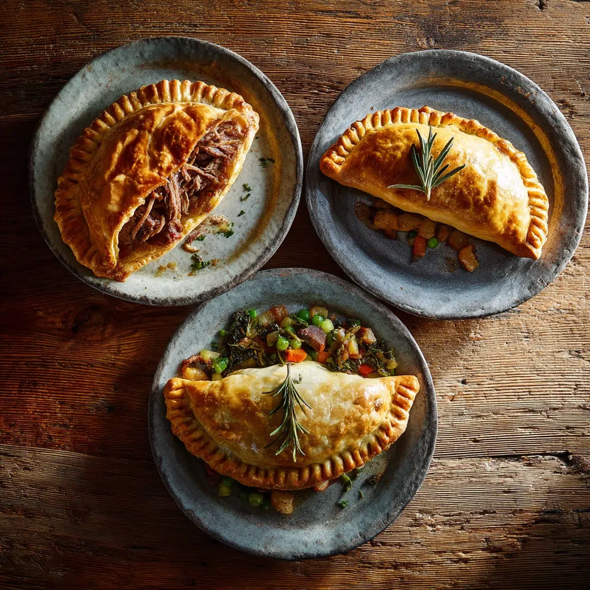 Three different variations of Northern Irish pasties showing lamb, vegetarian, and traditional beef versions