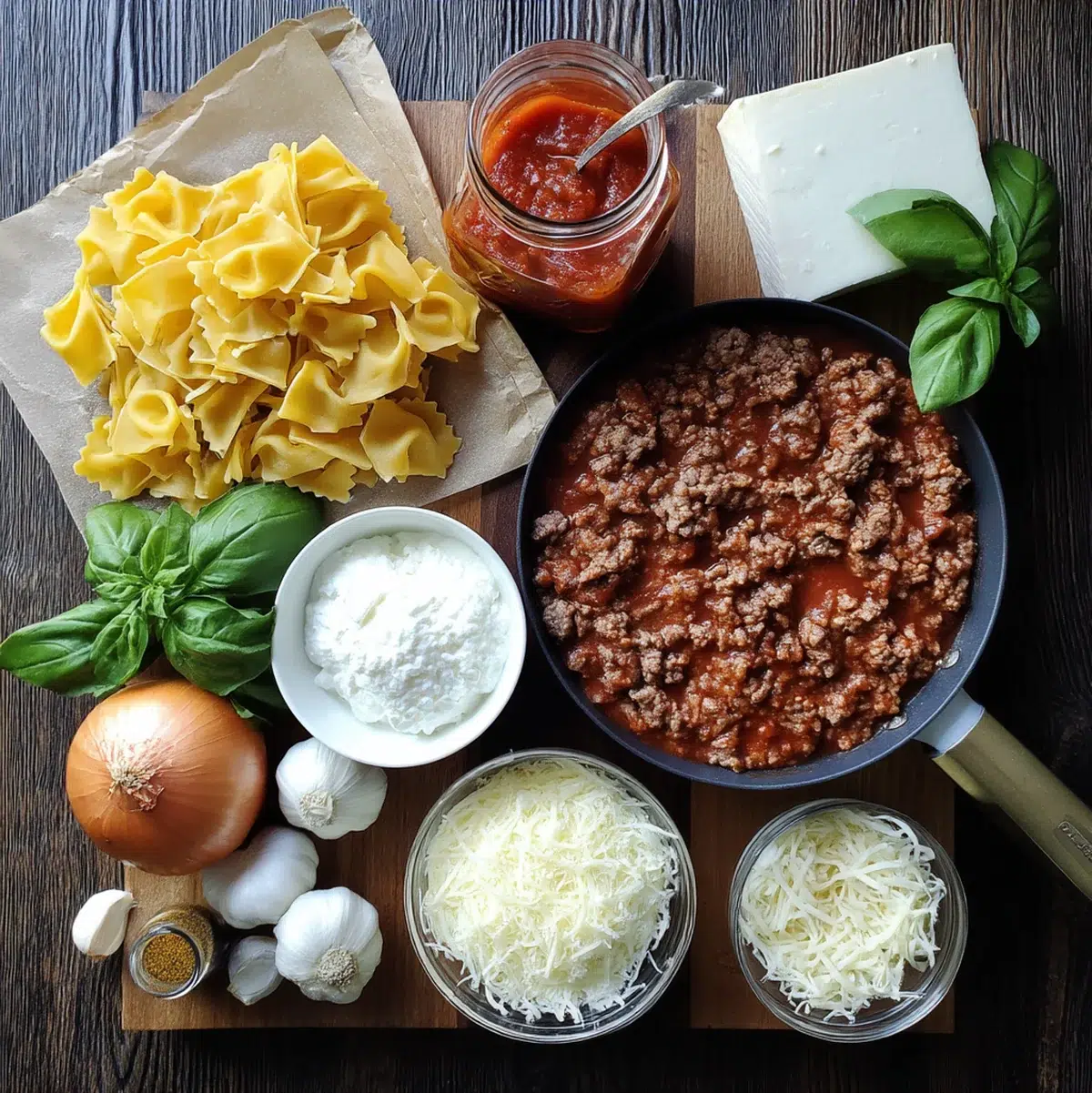 All ingredients measured and laid out on a cutting board