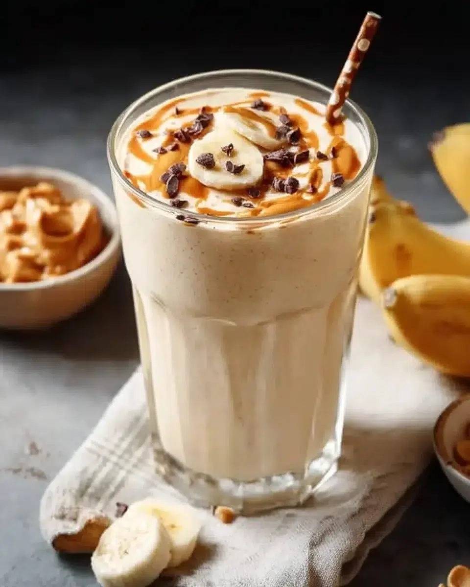 Peanut Butter Banana Smoothie in a glass garnished with banana slices