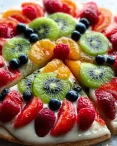 Deliciously topped fruit pizza with a variety of fresh fruits and creamy frosting