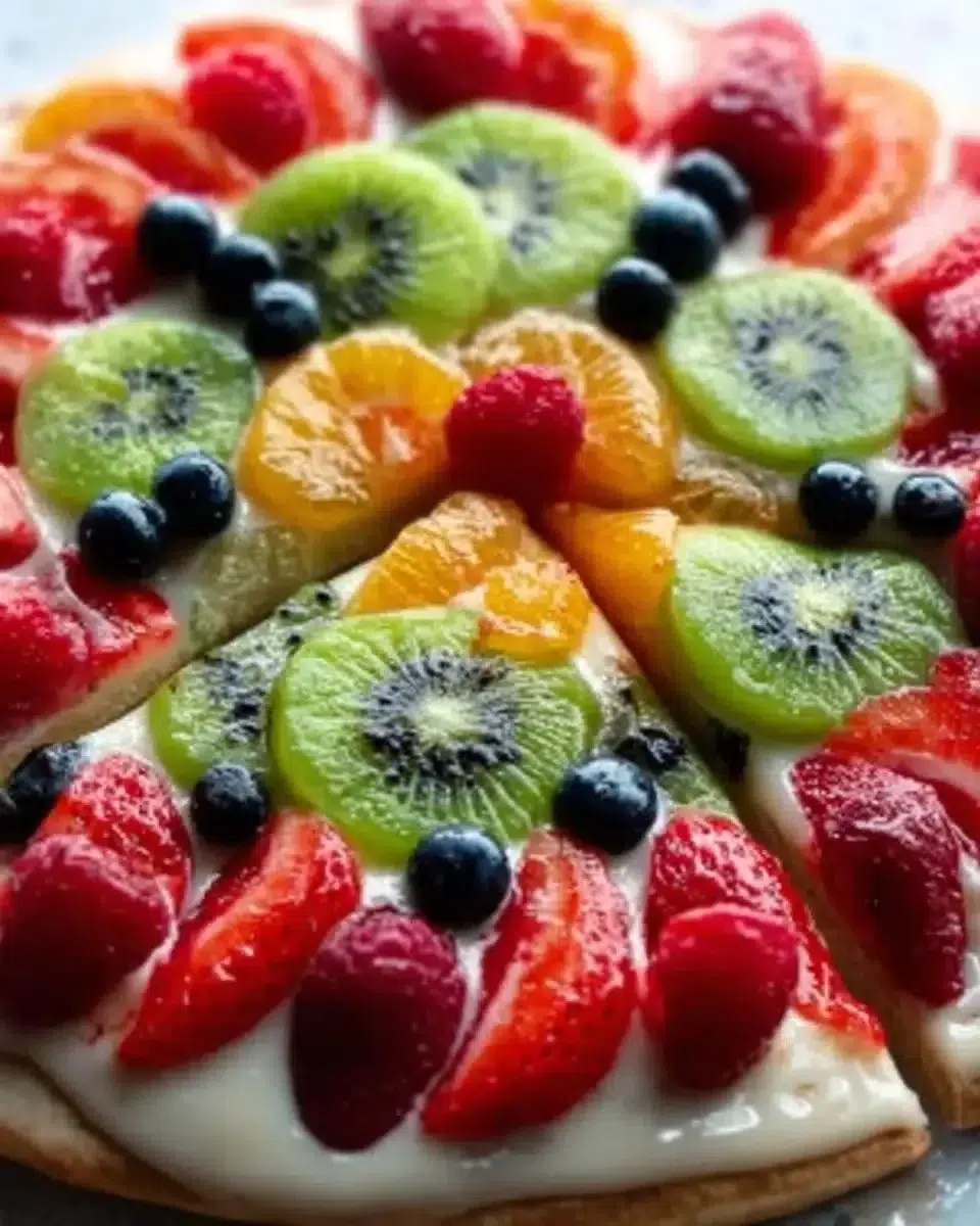 Perfect Fruit Pizza 1 Deliciously topped fruit pizza with a variety of fresh fruits and creamy frosting