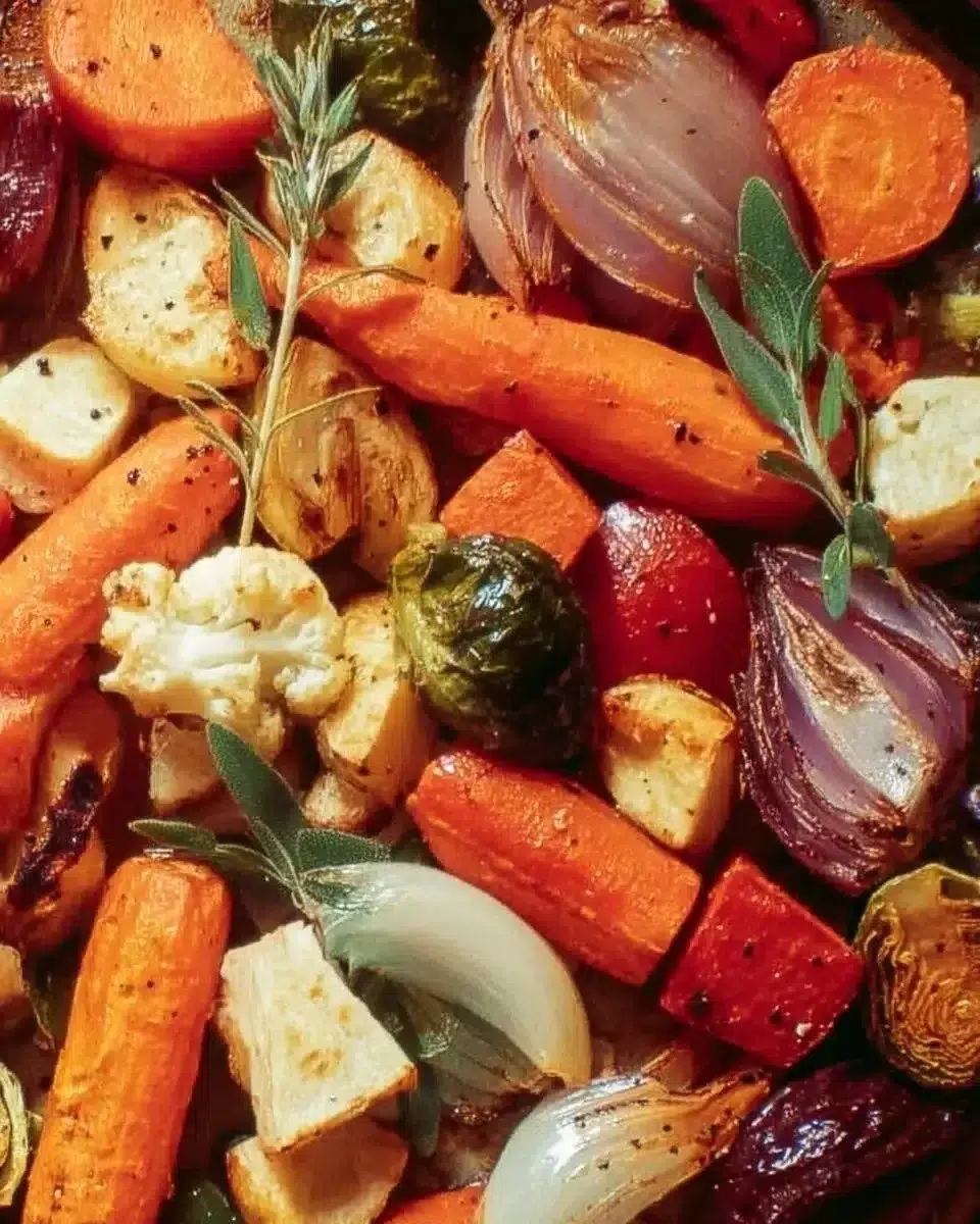 Assorted perfectly roasted vegetables on a baking tray fresh from the oven