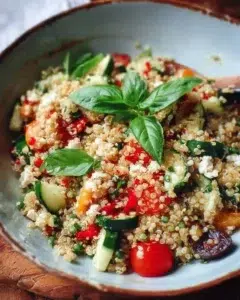 Healthy quinoa salad served in a bowl with colorful vegetables and dressing.