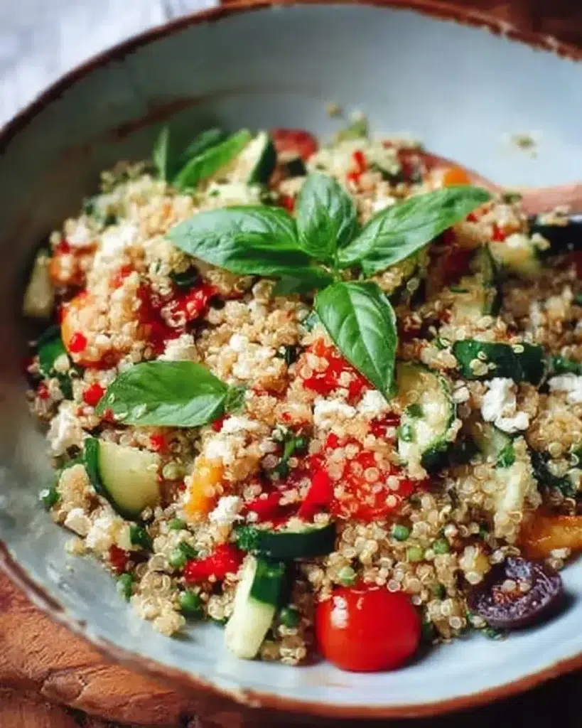 Healthy quinoa salad served in a bowl with colorful vegetables and dressing.