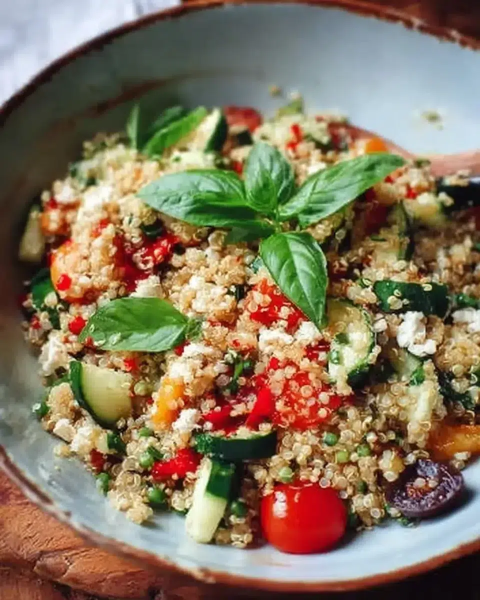 Healthy quinoa salad served in a bowl with colorful vegetables and dressing.