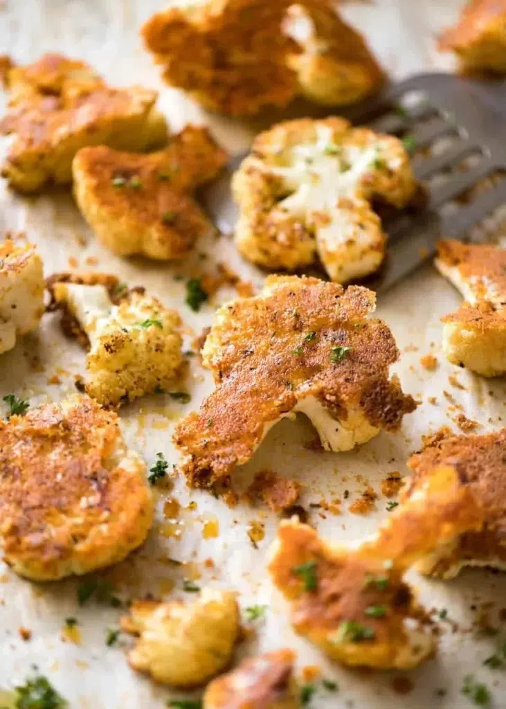 Plate of roasted cauliflower topped with Parmesan crust, garnished with herbs.