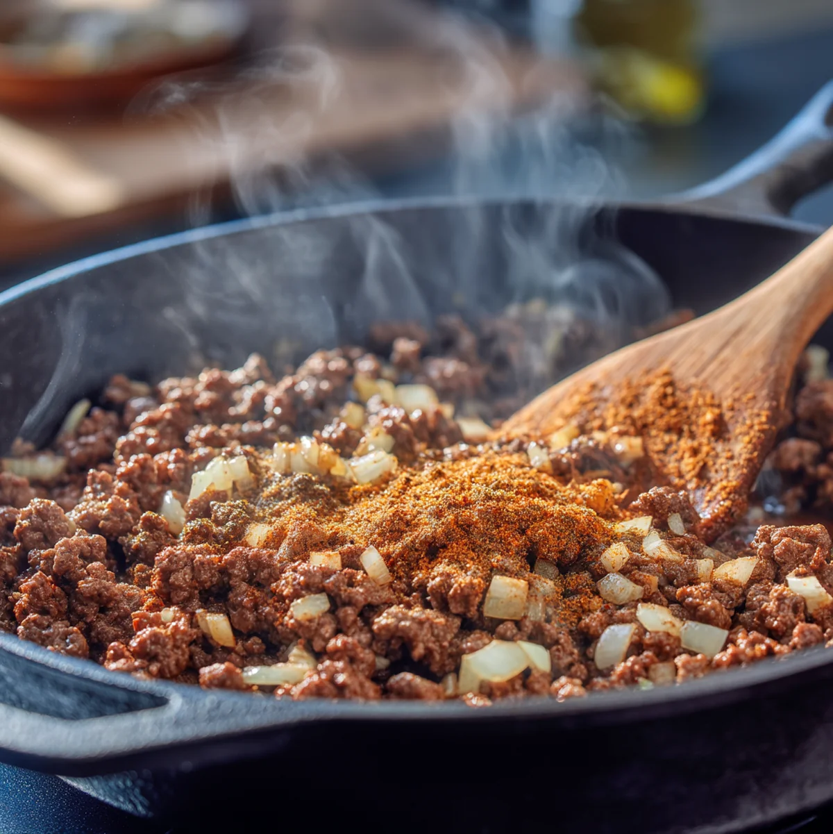 Seasoned ground beef browning in a skillet with taco spices and diced onions for Rotel Pasta Fiesta