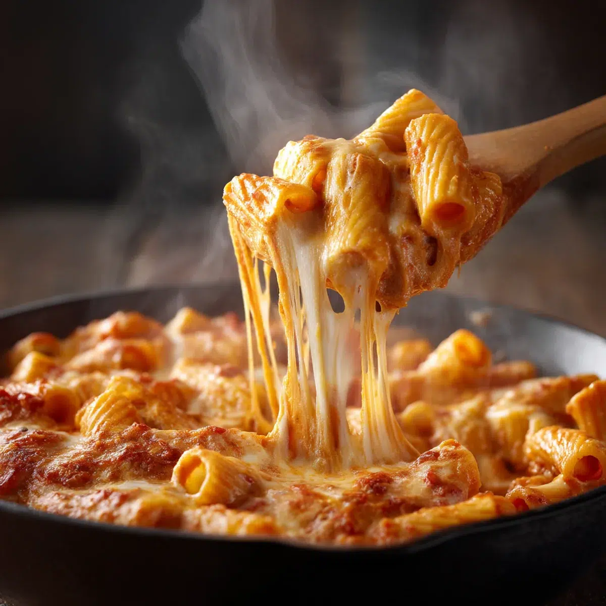 Finished Rotel Pasta Fiesta in a cast iron skillet with melted cheese pull, cilantro garnish and lime wedges