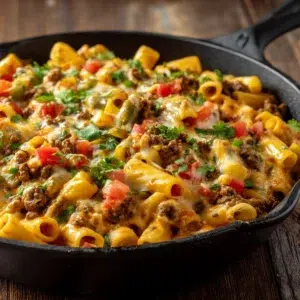 Creamy Rotel Pasta Fiesta in a large skillet with melted cheese, seasoned ground beef, and fresh cilantro garnish