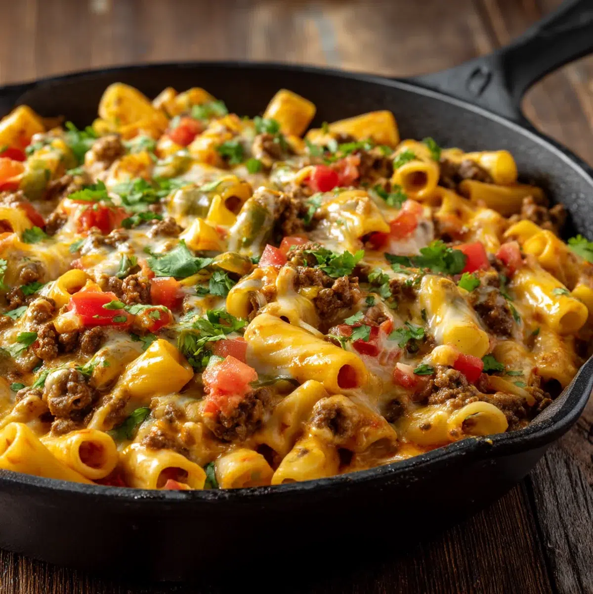 Creamy Rotel Pasta Fiesta in a large skillet with melted cheese, seasoned ground beef, and fresh cilantro garnish