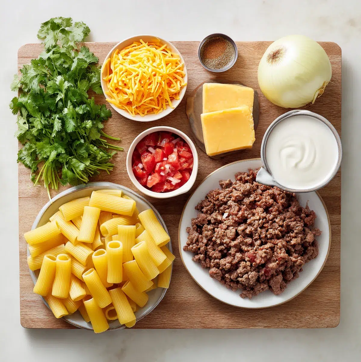 Rotel Pasta Fiesta ingredients neatly arranged on a wooden cutting board — ground beef, Rotel can, pasta, cheese, onion, spices