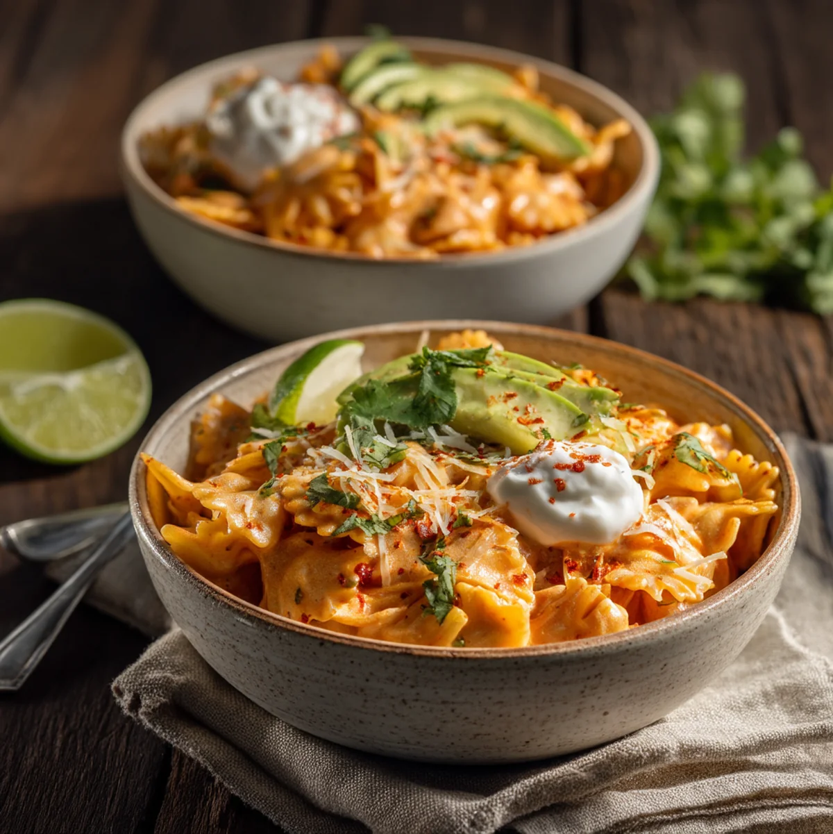 Rotel Pasta Fiesta served in bowls with sides — avocado slices, sour cream, lime wedges, and cilantro