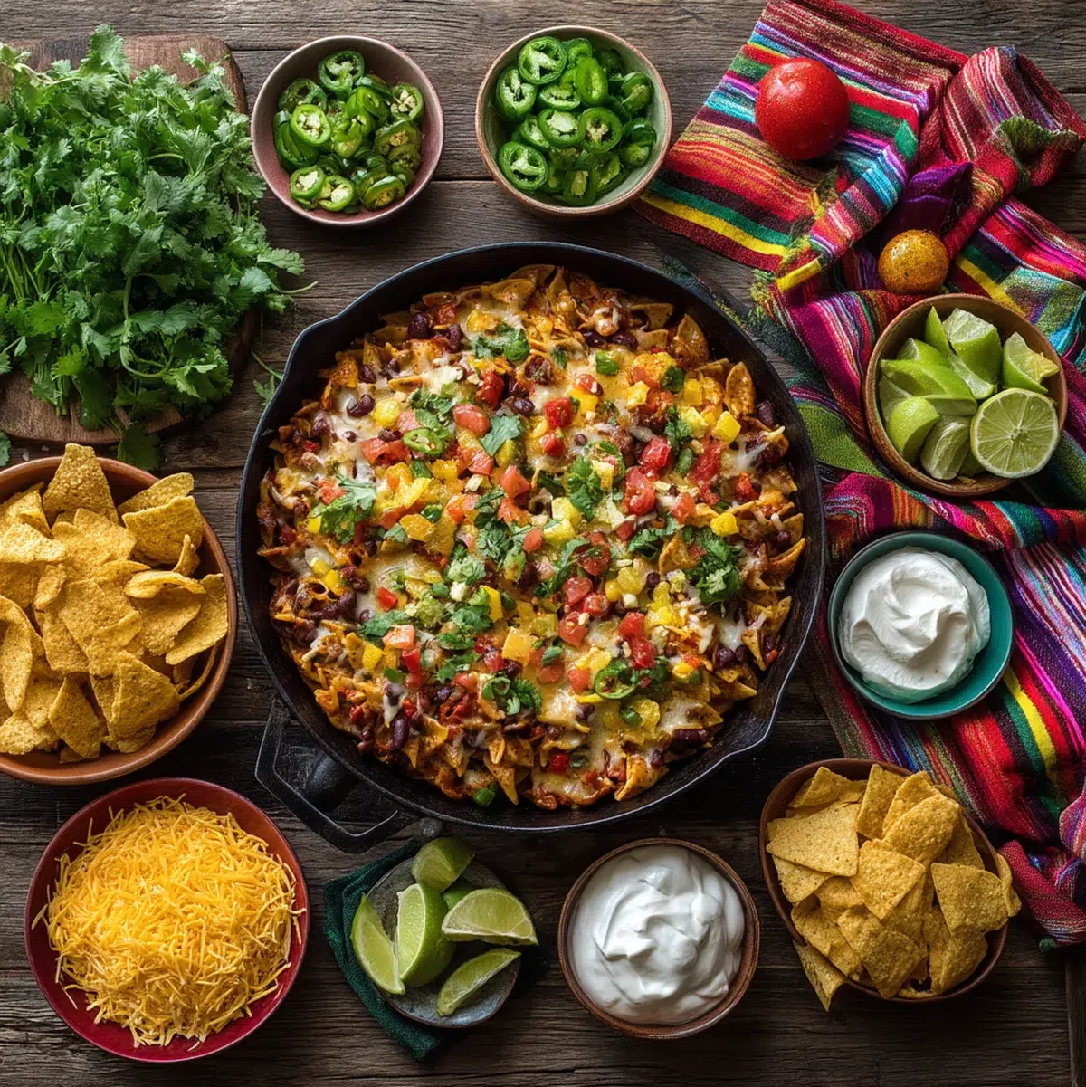 Overhead view of Rotel Pasta Fiesta dinner spread with side dishes, chips, and lime wedges on a rustic table