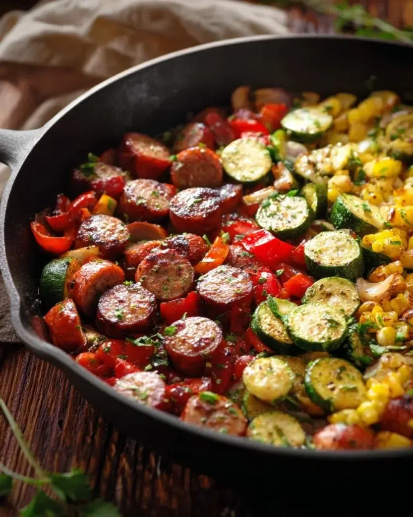 A delicious sausage and veggies skillet served in a pan.