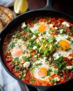 One-pan shakshuka featuring poached eggs in spicy tomato sauce.
