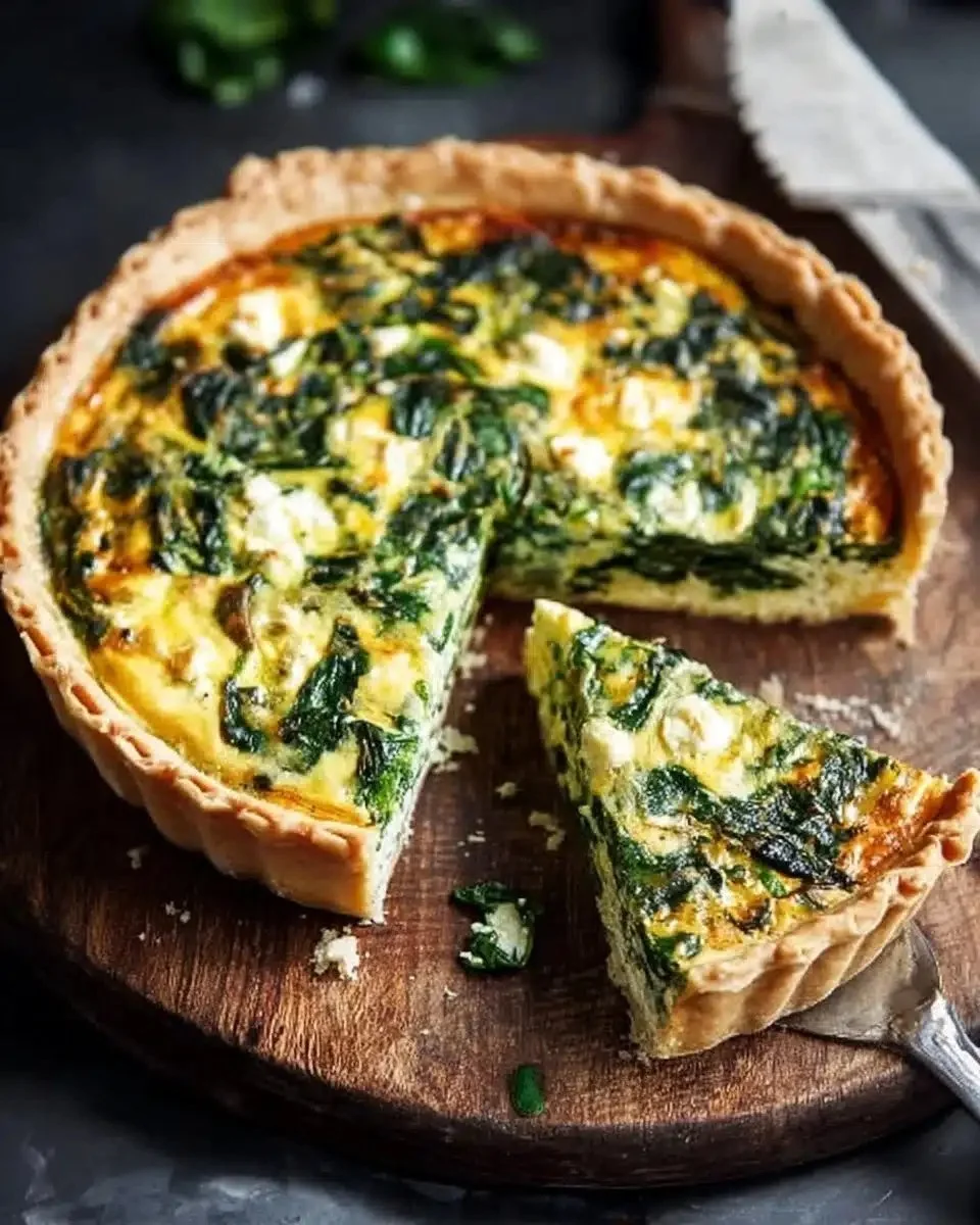 Creamy spinach quiche in a 9-inch pie dish, ready to serve.
