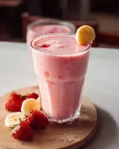 Strawberry banana smoothie in a glass topped with fresh strawberries