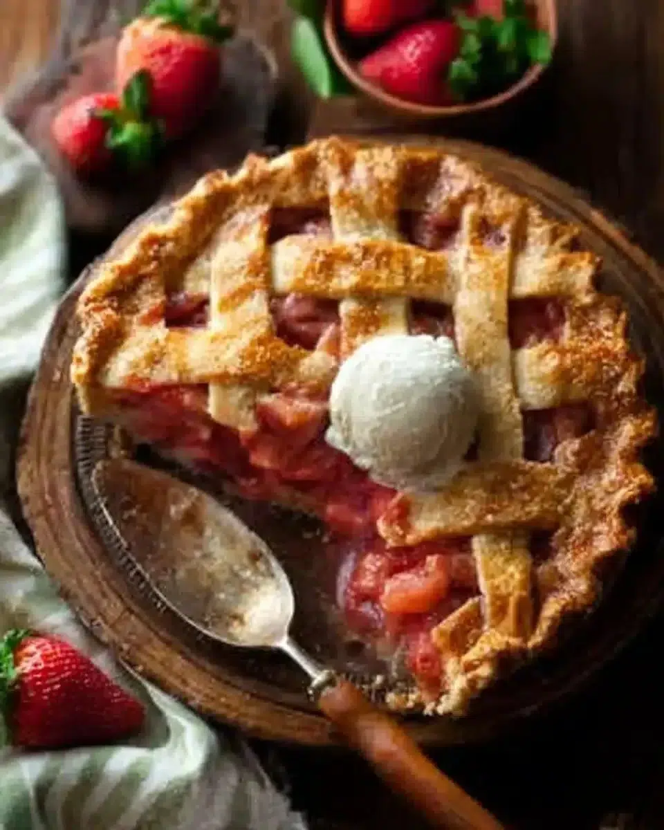 Delicious Strawberry Rhubarb Pie with flaky crust on a rustic wooden table.