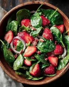 Fresh strawberry spinach salad topped with berries and nuts