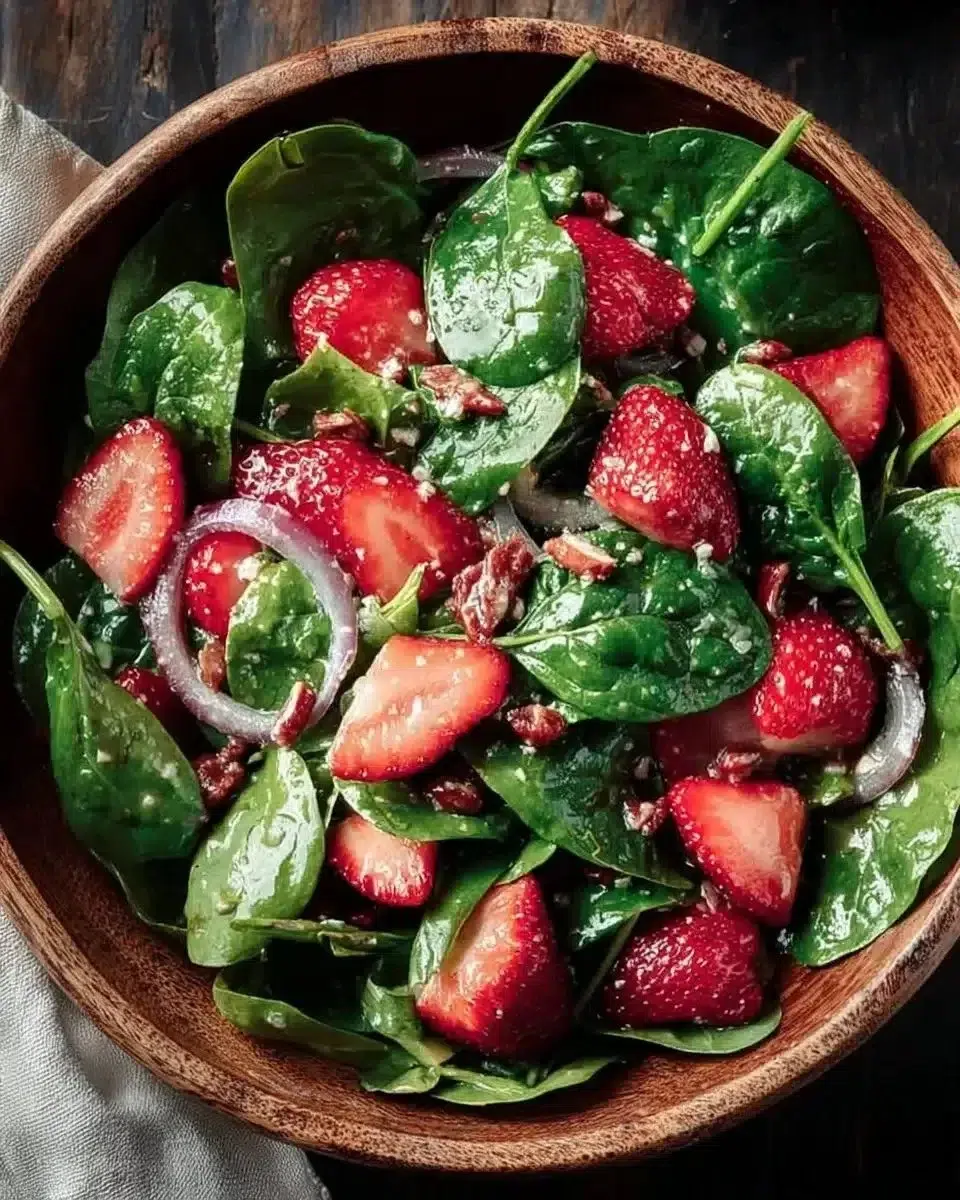 Strawberry Spinach Salad — Bright Berry Salad for Spring 1 Fresh strawberry spinach salad topped with berries and nuts