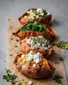 Stuffed sweet potatoes filled with black beans and feta cheese