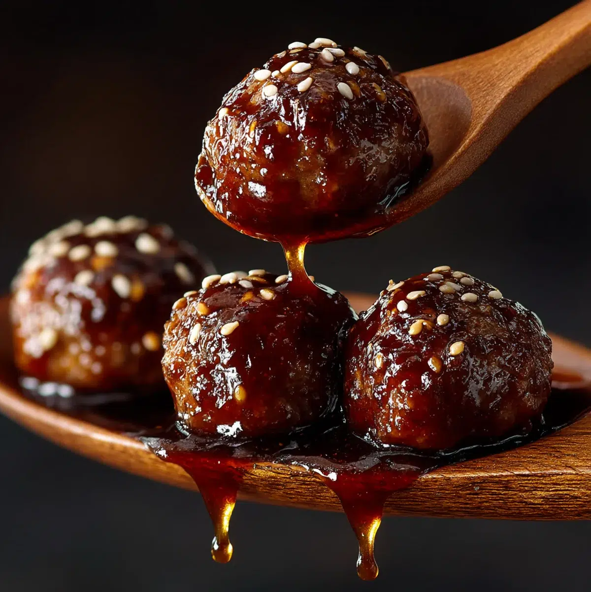 Close-up of teriyaki meatballs showing the thick glossy caramelized sauce coating