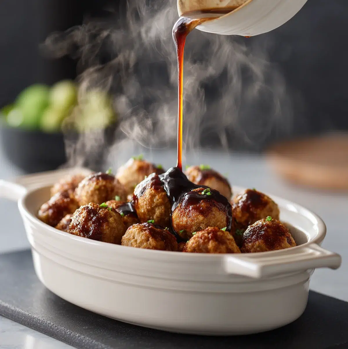 Frozen meatballs in a slow cooker with teriyaki sauce poured over them before cooking
