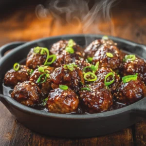Glossy slow cooker teriyaki meatballs garnished with sesame seeds and green onions in a serving dish