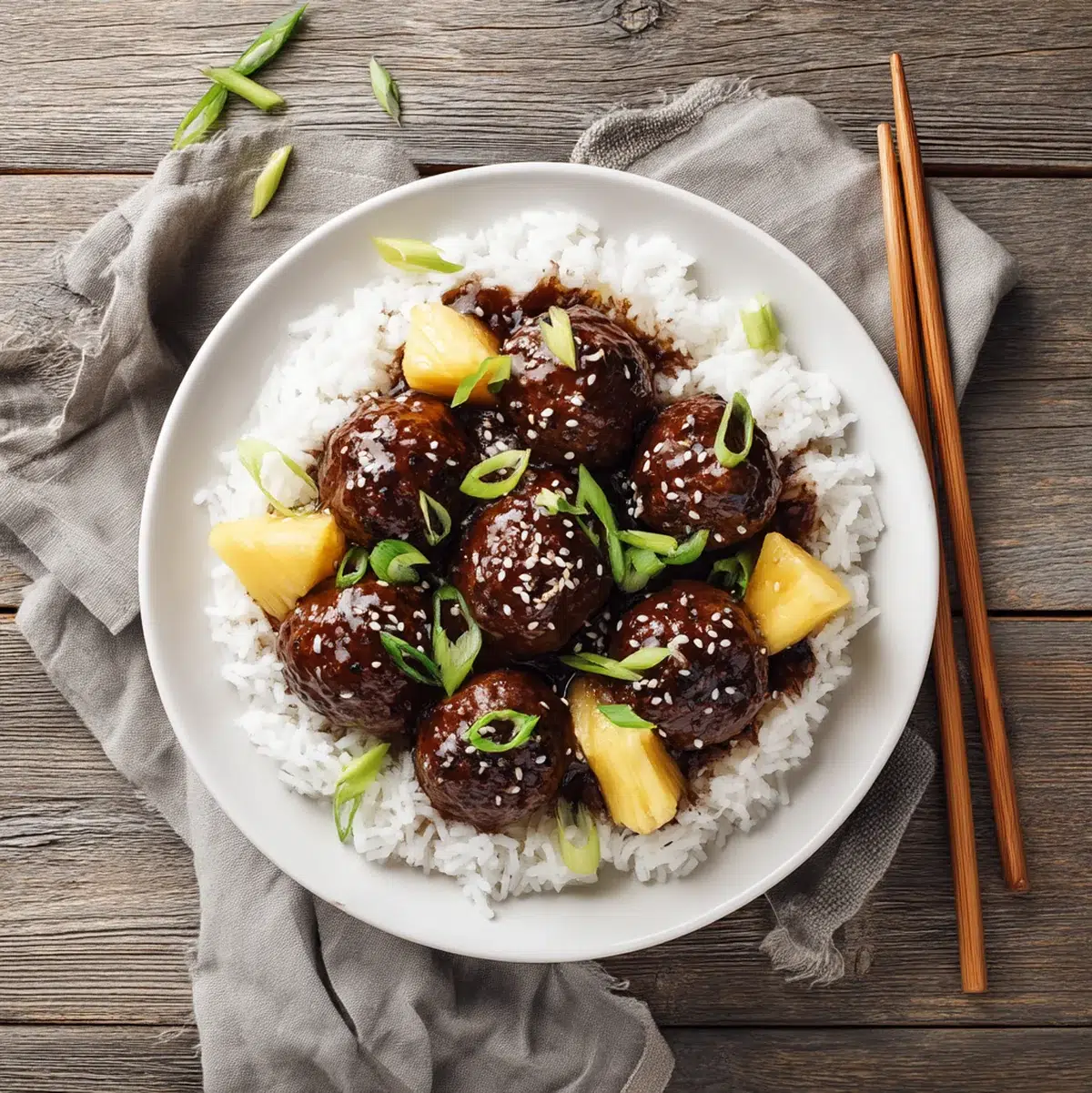Teriyaki meatballs served over steamed jasmine rice with sesame seeds and green onions