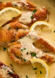 Plate of zesty pan-roasted chicken with creamy lemon sauce
