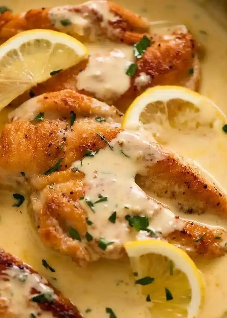 Plate of zesty pan-roasted chicken with creamy lemon sauce