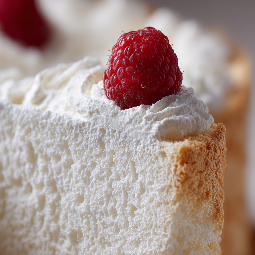 close-up of angel food cake crumb texture showing airy white interior with fine even holes - angel food cake recipe